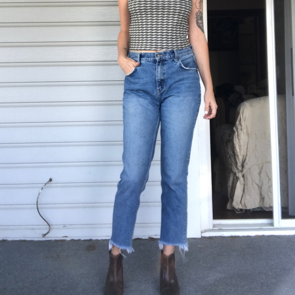 Sturdy denim jeans, frayed hem, Anthropologie